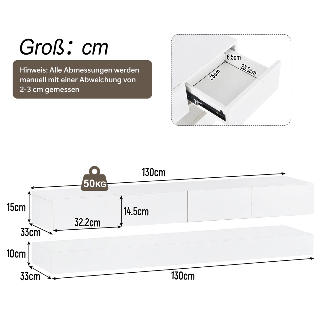Mobile sospeso LED bianco con 4 cassetti, 130 cm