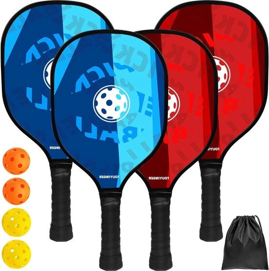 Set di 4 Paddles di Pickleball con Palline e Borse Portatili - Paddle di Pickleball in Legno per Principianti