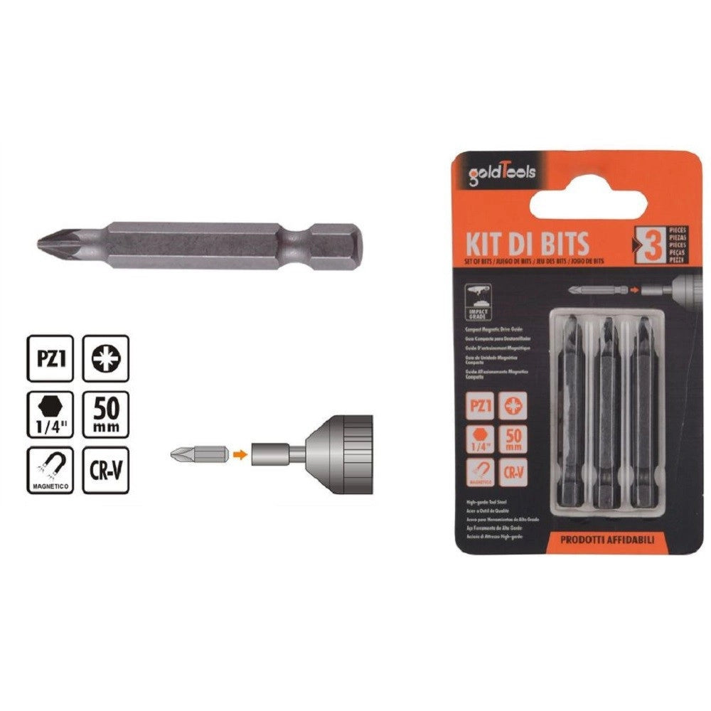 Trade Shop - Kit Di Bits 3 Pz Bit Inserti Per Avvitatore 50mm Gambo 1/4" Magnetico Cr-v 91935 -