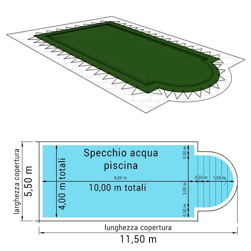 Copertura 15,50 X 7,50 M Invernale Standard 240 Gr/m² Occhielli E Corda Elastica Per Piscine Rettangolari Con Scala Romana 14,00 X 6,00 M Dimensione piscina: 10.00 X 4.00 m