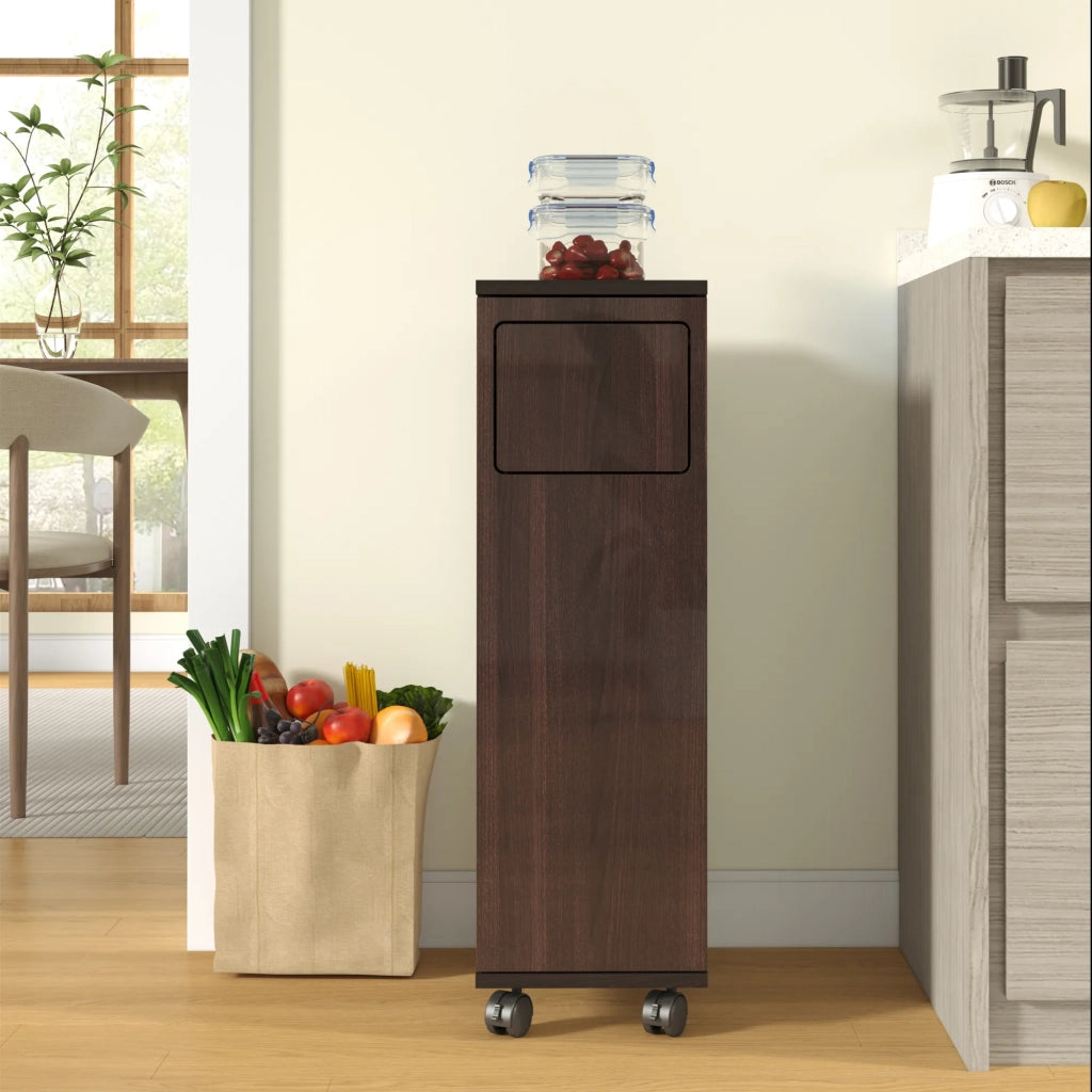 Mobile porta rifiuti 1 anta, armadio cucina scorrevole in noce lucido con ruote nere, per cucina e sala da pranzo, 24,2x35,1x80,2 cm