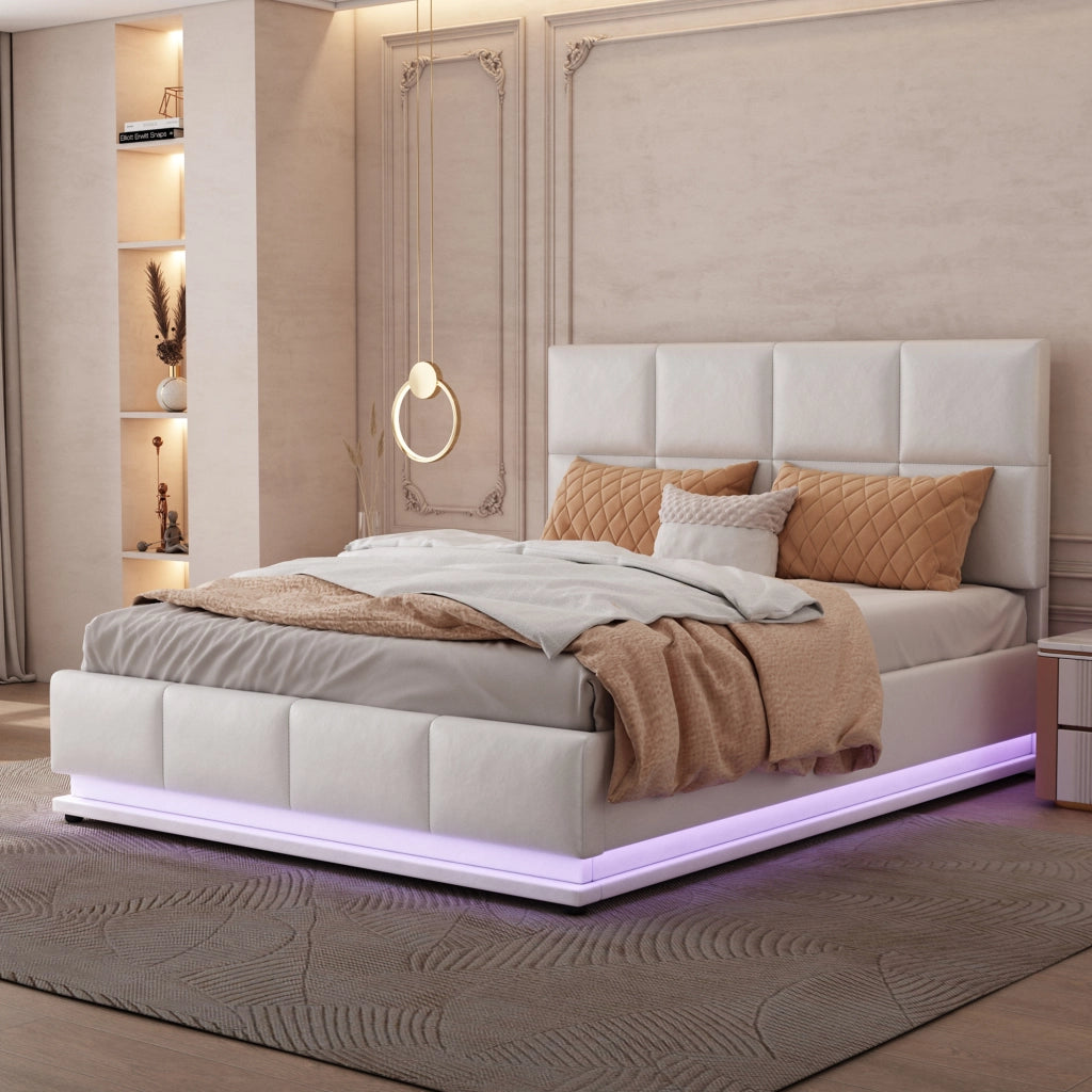 Letto doppio imbottito 140x200cm con luce LED e riporto sotto il letto bianco