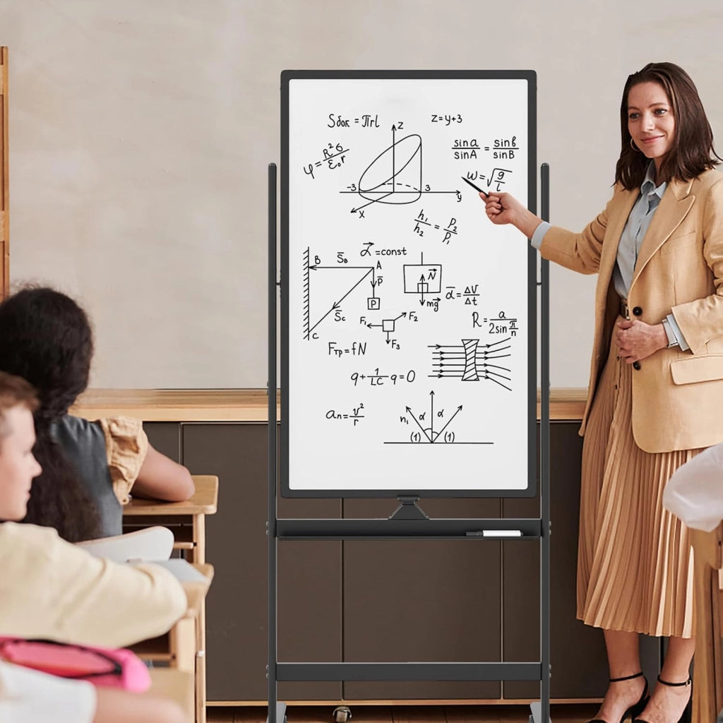 Lavagna Bianca Portatile con Ruote, Lavagna a Secco Reversibile con Pennarelli, Cancellino, Lavagna Bianca Regolabile in Altezza per Scuola, Ufficio, Casa, 68 x 56 x 155,5-183,5 cm (Nero)