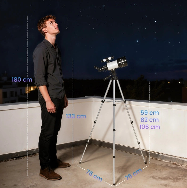 Telescopio ULEVR per principianti con obiettivo in vetro da 70 mm, 3 oculari, lente di Barlow e treppiede regolabile bianco