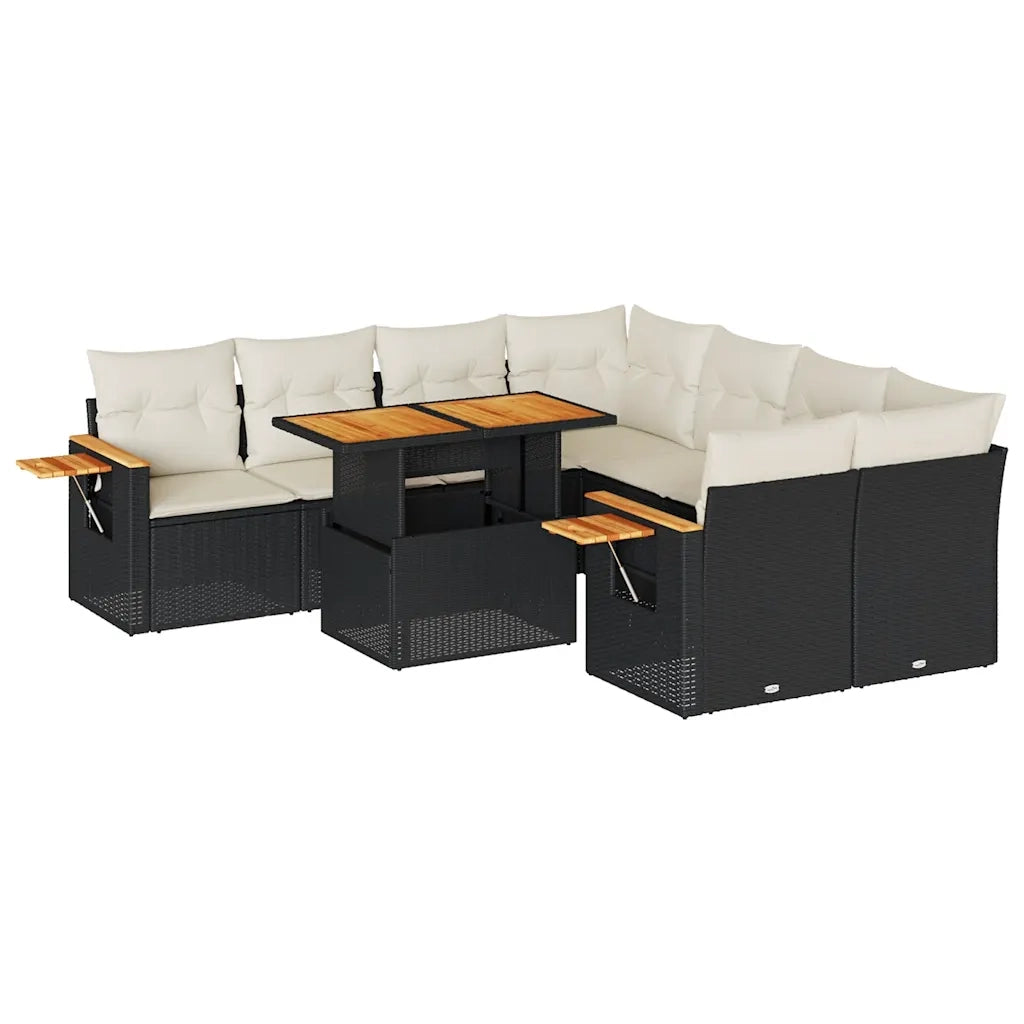 Set Divani da Giardino 9 pz con Cuscini Nero Polyrattan Acacia 3327577
