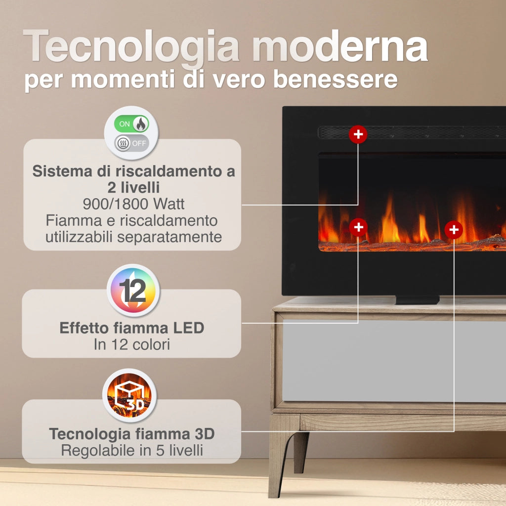 KAMINIO Camino elettrico MARLON - Camino elettrico 3 in 1 con riscaldatore, effetto fiamma 3D, 12 colori di fiamma, telecomando - 70 pollici