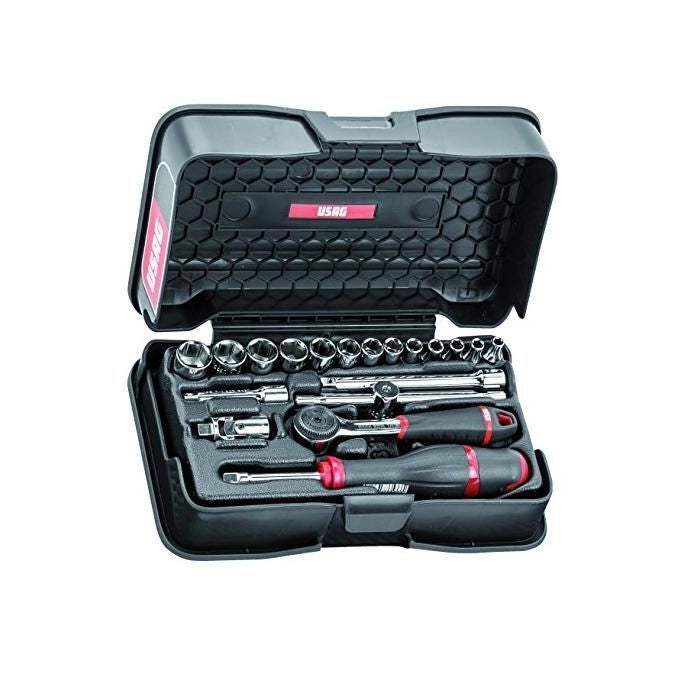 Usag 606 1-4 EA Assortimento Chiavi a Bussola Esagonali 19 pezzi in Cassetta ABS attacco 1-4'' bussole 4-14 mm con cricchetto IP51