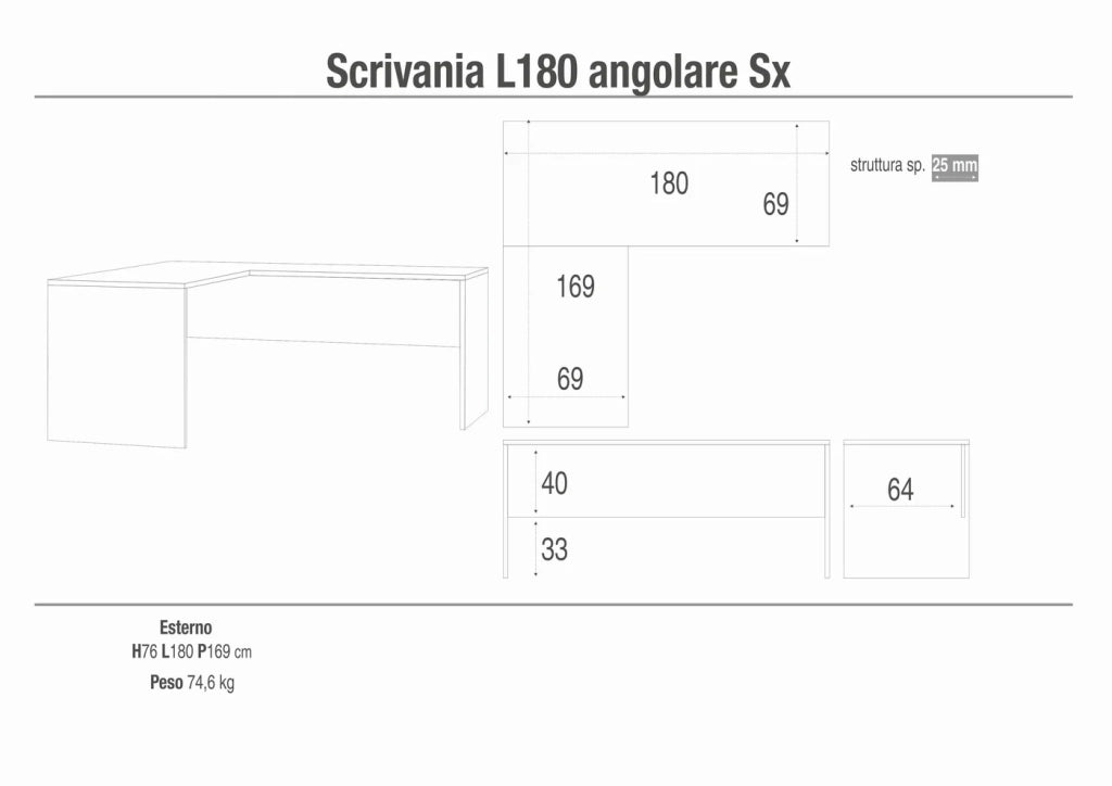 Scrivania Angolare Dx 180x169 h76cm Bianco Ossido
