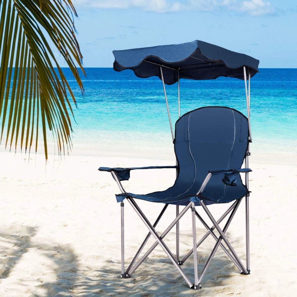 Sedia da Campeggio con Parasole, Sedia Pieghevole da Spiaggia con Portabicchieri, Braccioli Imbottiti, Portatile Reclinabile, Acciaio Carico 120 kg (Blu)