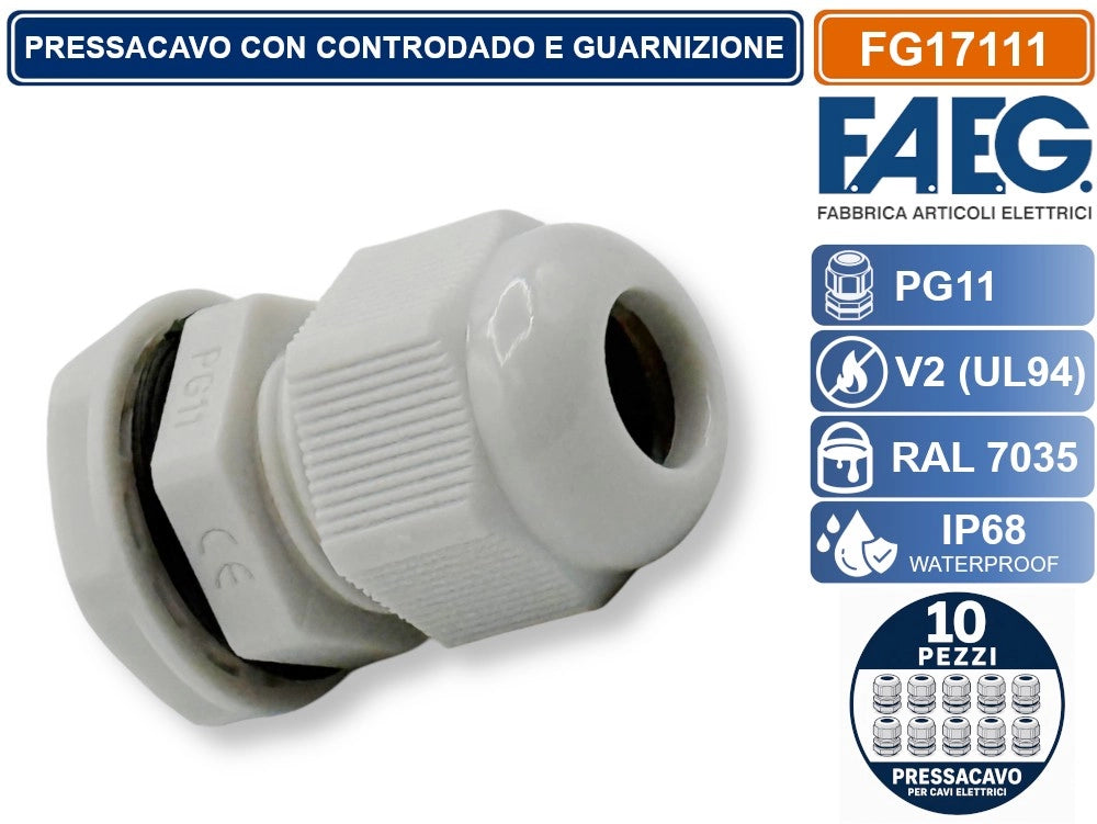 CONFEZIONE 10 PEZZI FAEG FG17111 PRESSACAVO IN NYLON PASSO PG11 GRIGIO RAL 7035 IP68