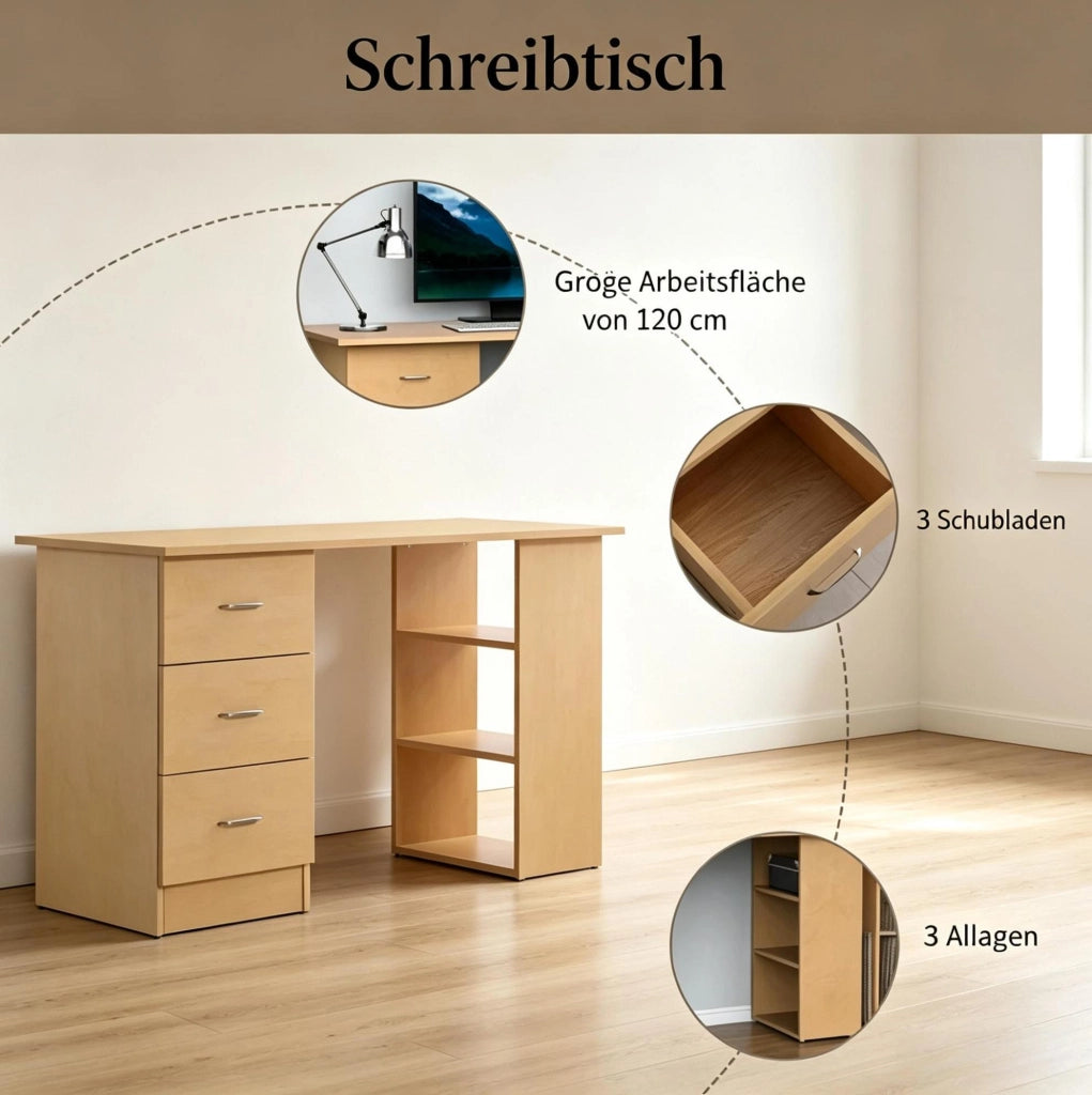 Scrivania per computer in MDF effetto legno con 3 cassetti
