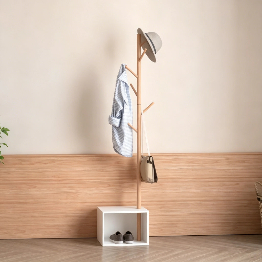 Mobile da ingresso con 6 ganci e panca contenitore; bianco e bambù; in MDF e legno di bambù