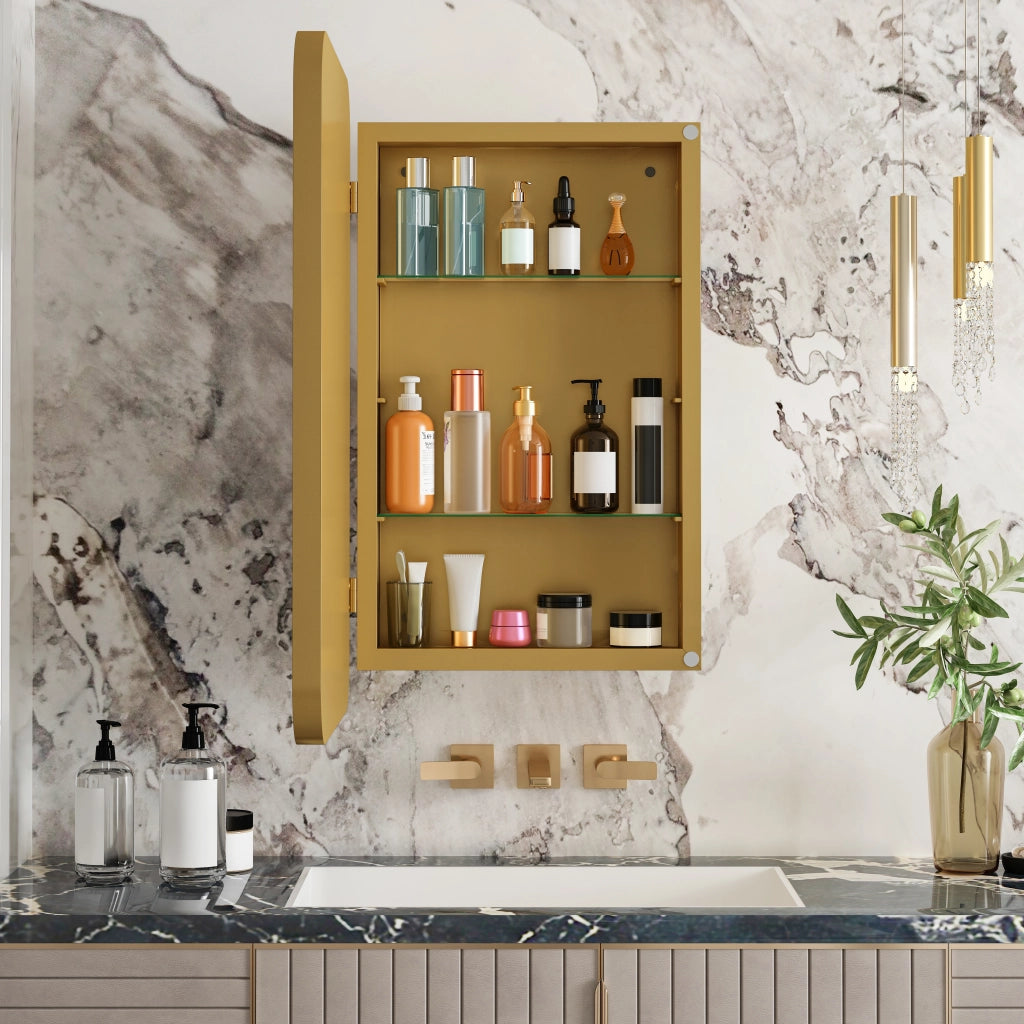 Armadietto da bagno con specchio a parete o da incasso in metallo e vetro temperato oro