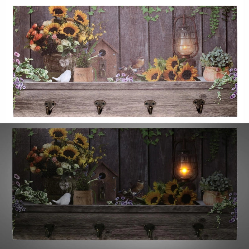 Appendino legno 4 posti con led girasoli cm 60x30x1,8