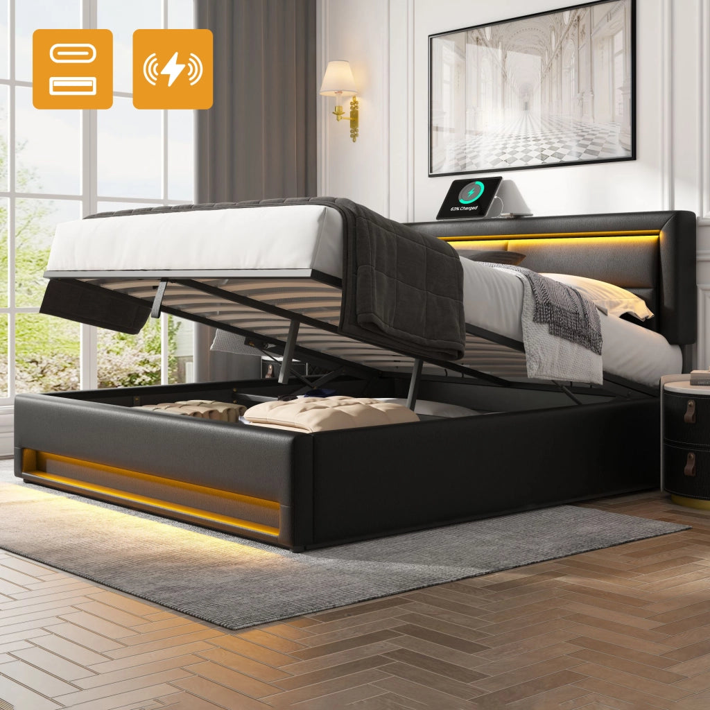 Letto imbottito 140 x 190 cm con USB, LED e contenitore, PU, nero