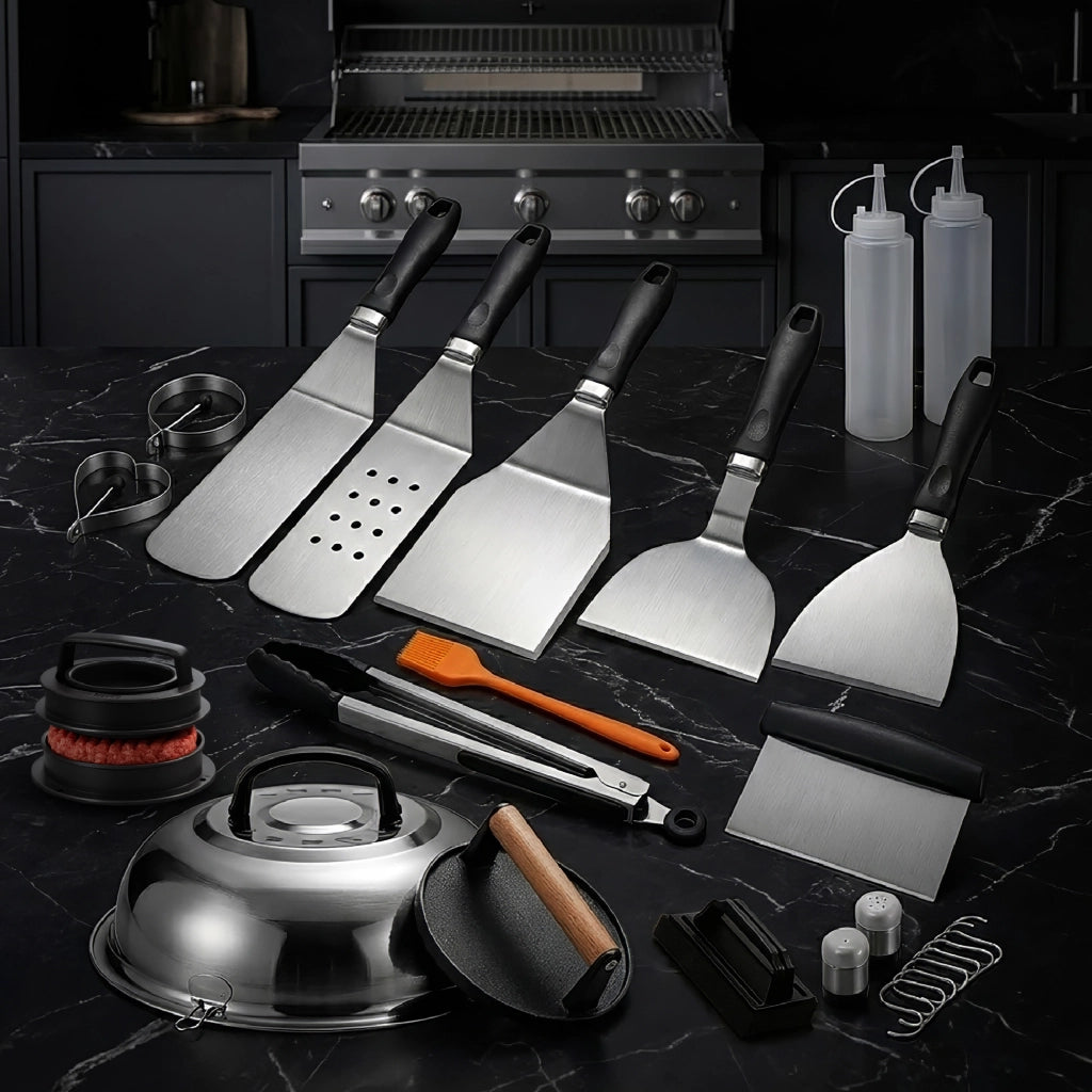 Set Accessori Barbecue Professionale 27 Pezzi Kit Completo BBQ Smash Burger, Pressa Hamburger, Spatole, Pinze, Cloche e Dispenser Salse – Utensili in Acciaio Inox con Borsa Trasporto