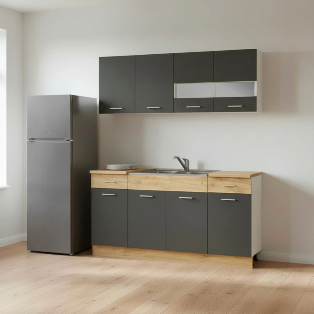 Cucina monoblocco 160 cm ERIKA grigio e rovere con lavello e pensili