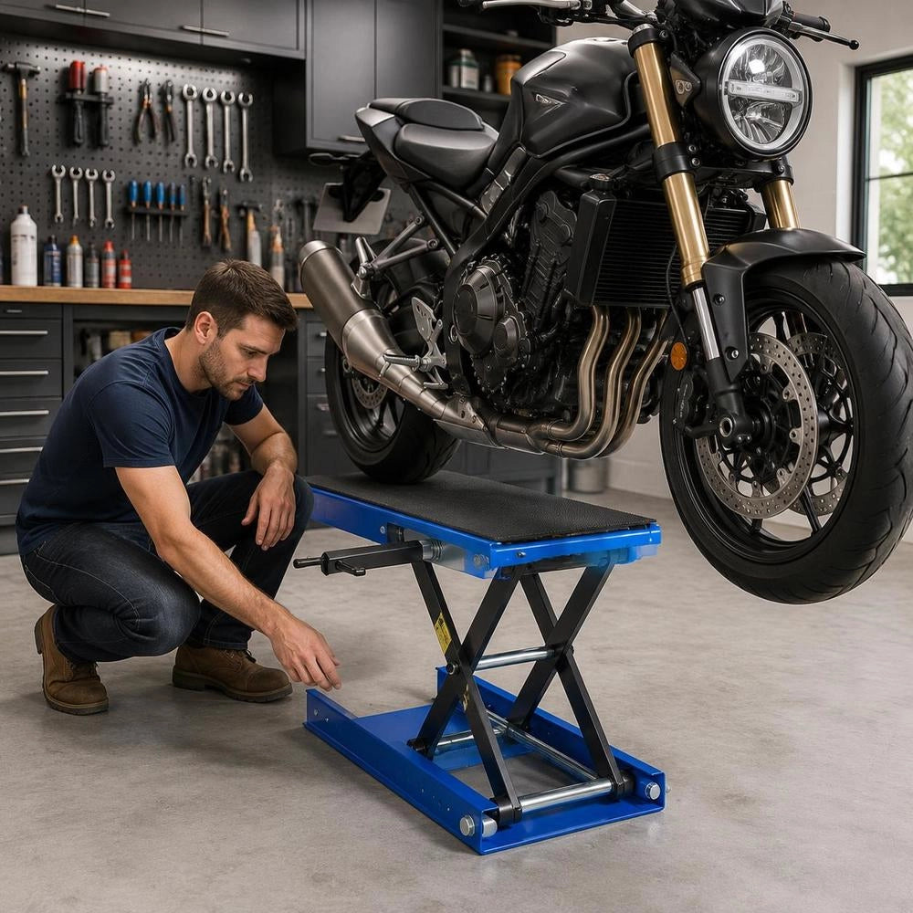 Martinetto A Forbice, Piattaforma Di Sollevamento Compatta Carico Max 499 Kg, Escursione Di Sollevamento 9.5-34 Cm Per Manutenzione Moto Da Officina Garage, Sollevatore In Acciaio, Colore Blu