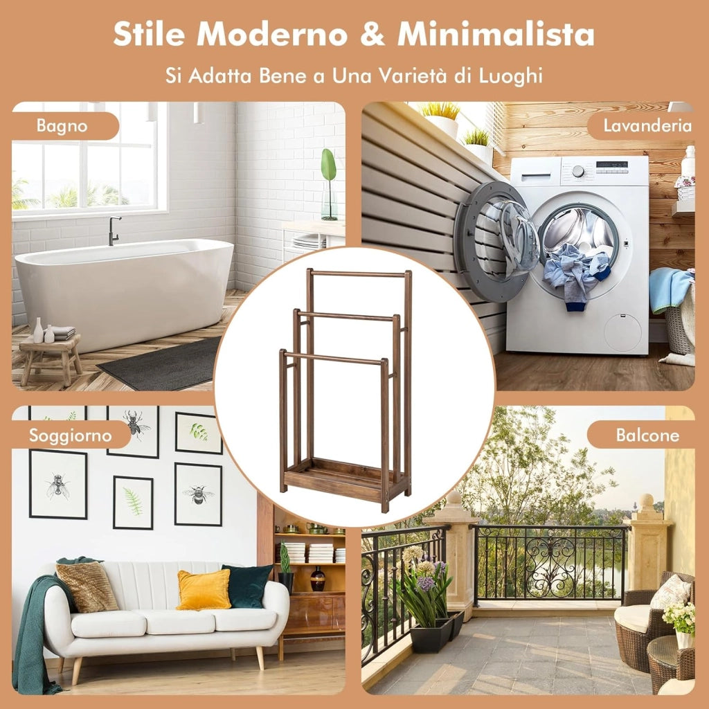 Portasciugamani in Legno da Terra, Porta Asciugamani a 3 Livelli con Mensola Inferiore, Dispositivo Anti-Ribaltamento, Supporto Leggero per Asciugamani da Bagno e Stanza Lavanderia (Marrone)