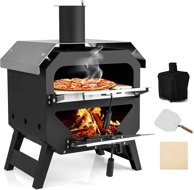 Pizza aperta all'aperto, forno per pizza portatile con pietra per pizza, pala per pizza e copertura in tessuto Oxford, forno a legna in acciaio inox con manici, forno per pizza per giardino [Classe di efficienza energetica B]