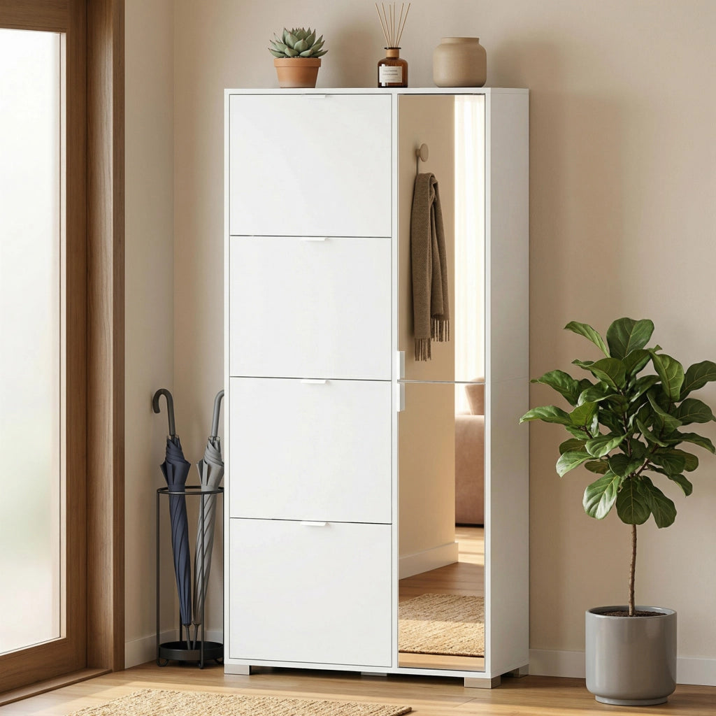 Scarpiera con Specchio e 4 Cassetti a Ribalta ¨C Minimal ¨C Bianco 80x30x100 cm