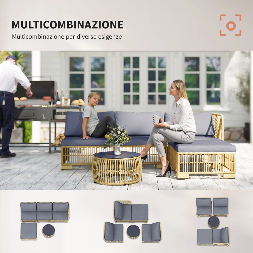 Divano da Giardino in Polyrattan con Cuscini e Tavolo ¨C Minimal ¨C Grigio