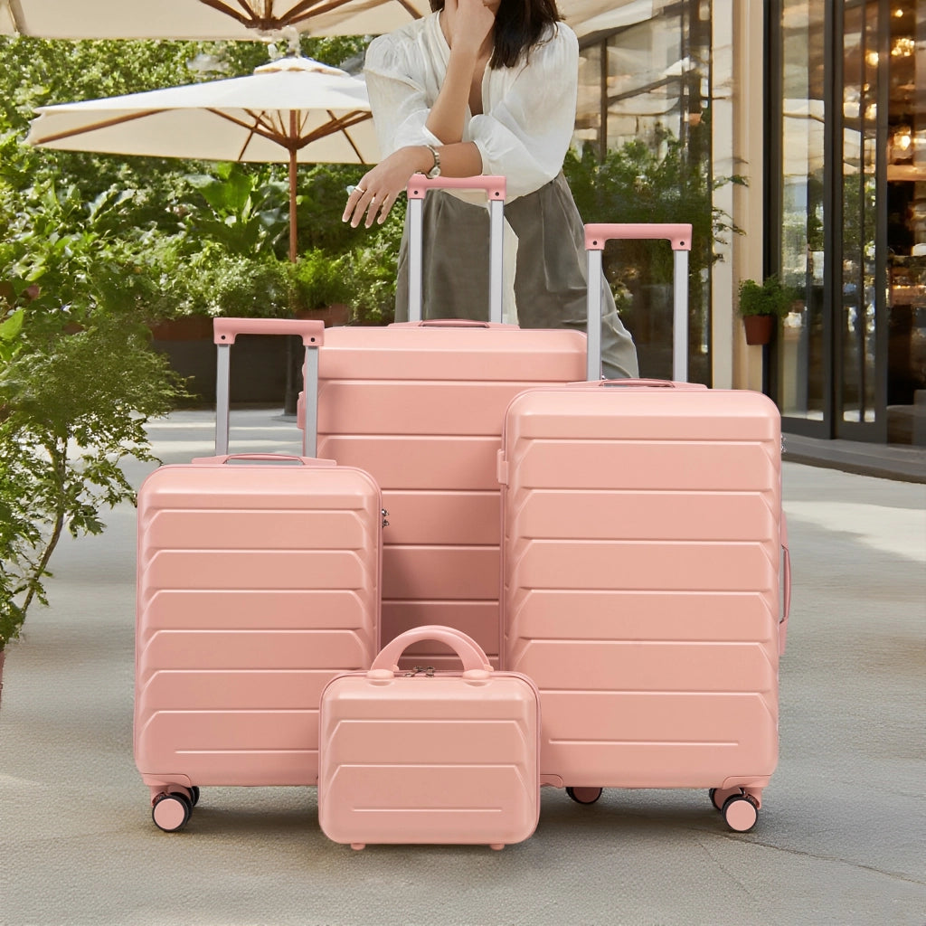 Set di valigie rigide 4 pezzi in ABS rosa con beauty case da 14 pollici e ruote doppie girevoli a 360°