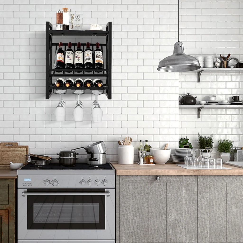 Portabottiglie da Parete per 10 Bottiglie e 12 Calici, Scaffale da Muro con Portacalici in Metallo e Legno, Salvaspazio per Cucina