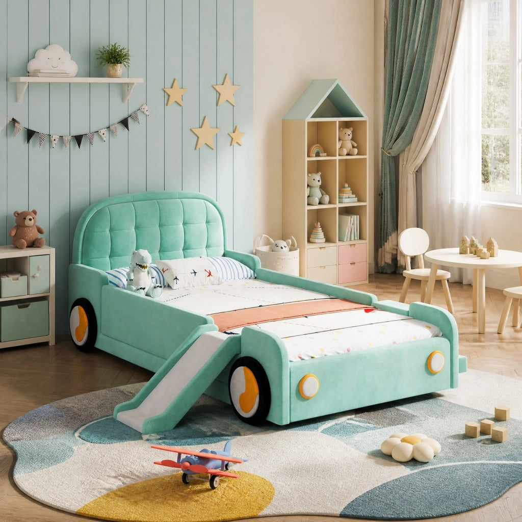 Letto per bambini a forma di auto con scivolo e scala reversibili; 90x200 cm; velluto blu-verde