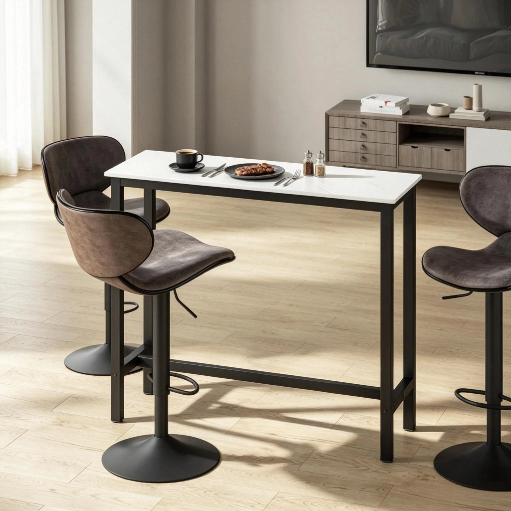 Tavolo alto da cucina con poggiapiedi in acciaio e piano effetto marmo bianco e nero 120 × 40 × 100 cm