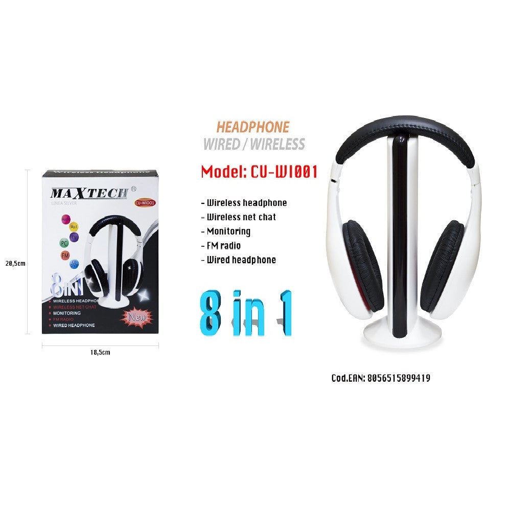 Trade Shop - Cuffie Wifi Wireless Per Tv Pc Mp3 Senza Fili Con Radio Fm Musica Stereo Maxtech Cu-wi001 -