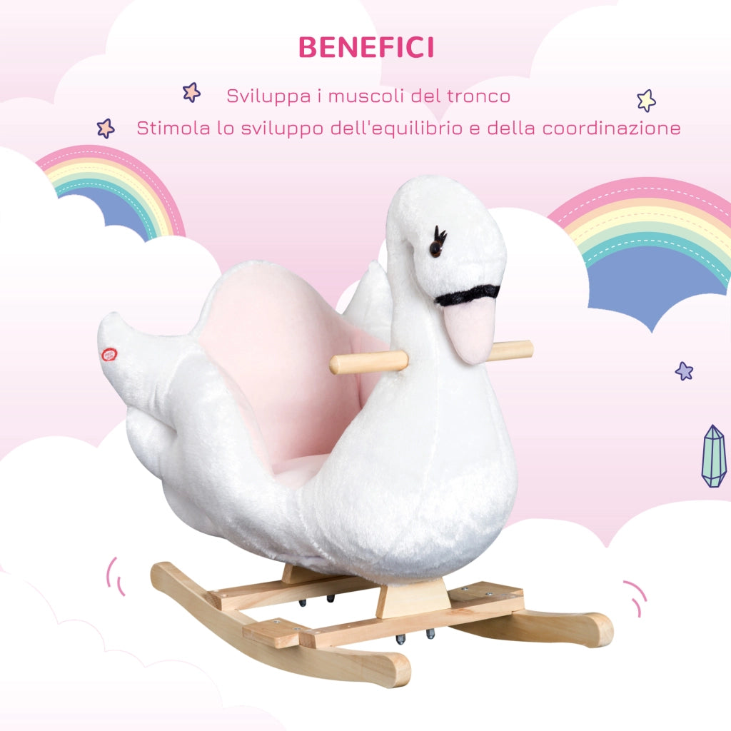 Cavallo a Dondolo Cigno con Musica ¨C Xylo ¨C Metallo Legno Peluche Bianco 60x32x55cm