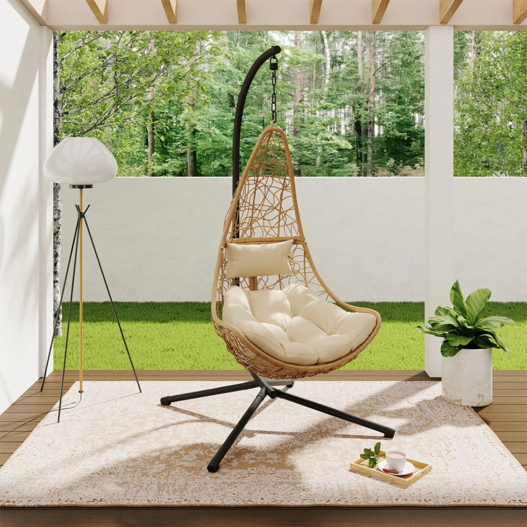 IDMarket - Poltrona sospesa a mezzaluna in rattan con cuscino ecrù