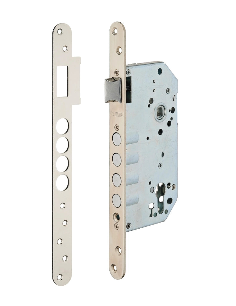 Cassa serratura da incasso per cilindro europeo, asse 60 mm, 4 catenacci, frontale nichelato – THIRARD