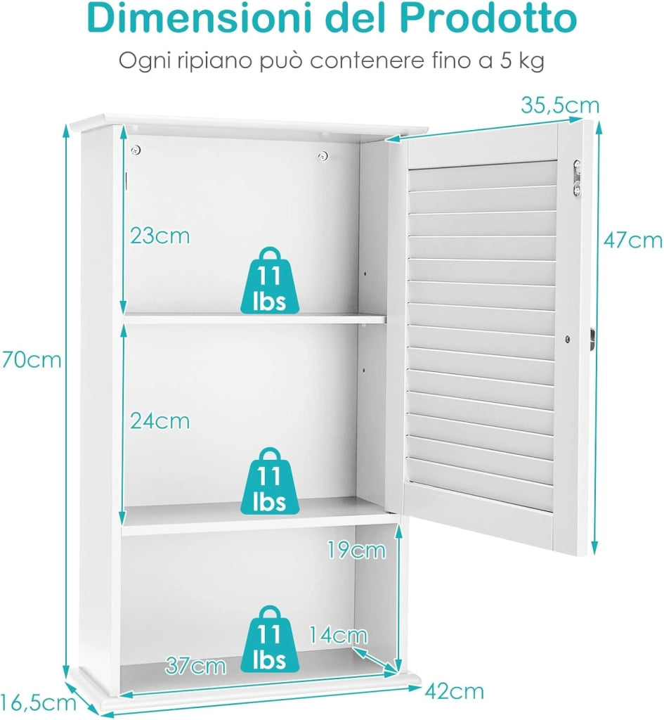 Armadio del Bagno Montato a Muro, Mensola Interna Regolabile, Struttura in MDF di Qualità, Pratico e Salva Spazio, Design Unico (Bianco)