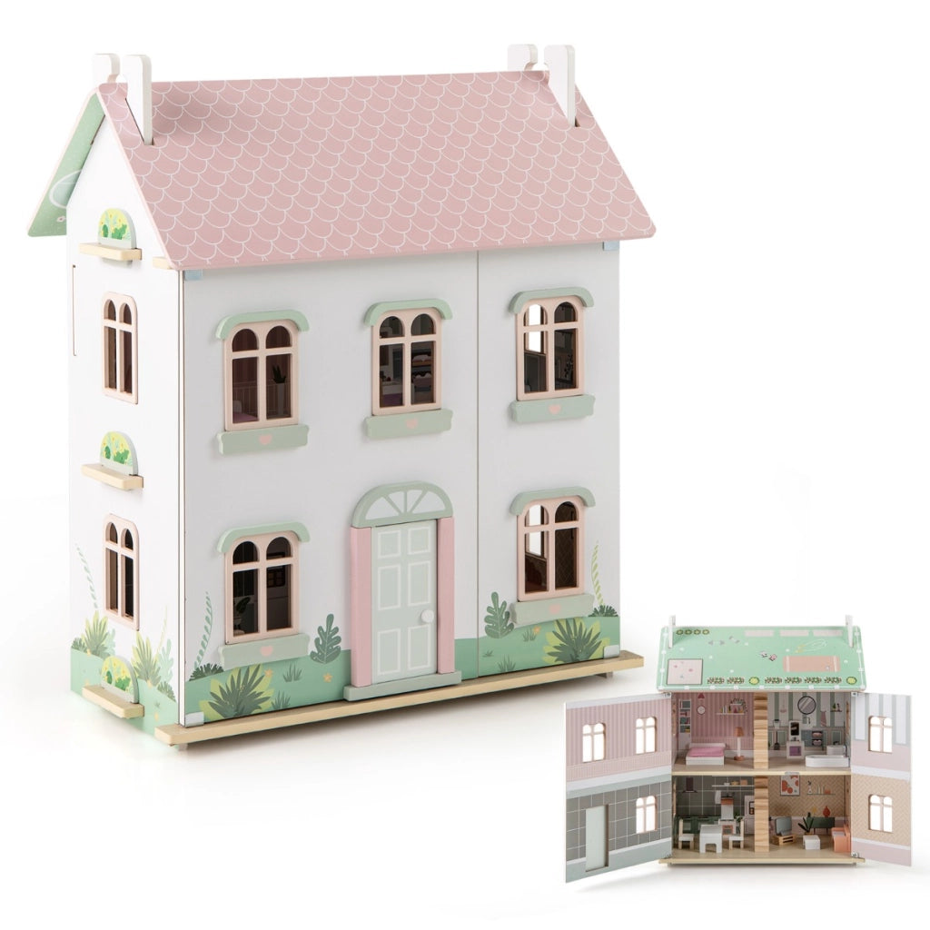 Casa delle bambole in legno per bambini con tetti doppio lato e porte apribili-Giocattolo a 3 livelli per 3+ anni Rosa