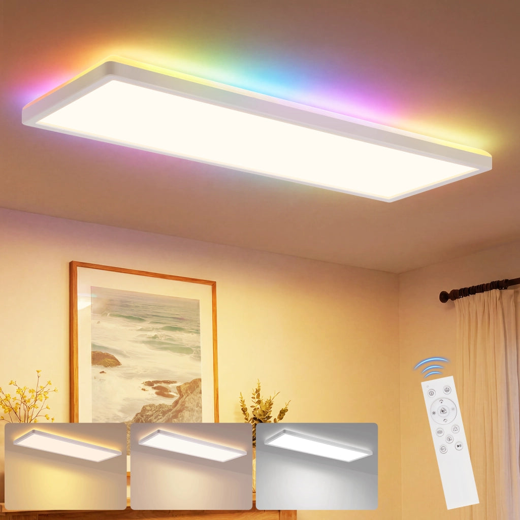 ZMH Lampada da soffitto LED Pannello Dimmabile Lungo Luce Diurna Retroilluminazione RGB Ufficio 22W per Soggiorno Bianco