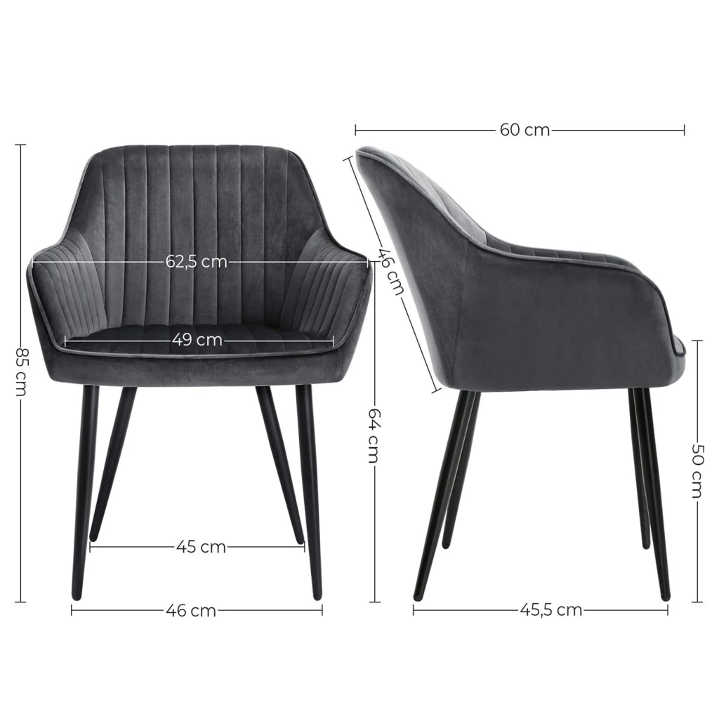 Sedia da pranzo poltrona seduta imbottita con braccioli larghezza seduta 49 cm gambe in metallo rivestimento in velluto portata 110 kg per soggiorno o camera da letto grigio 12_0004905