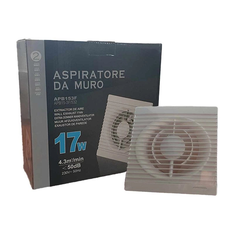 Ventola di Aspirazione 17W 258m3/h 50dB, Aspiratore da Muro per Bagno Cucina 230V 50Hz, Estrattore d'Aria 24x24x9,5cm, Diametro Scarico 15cm