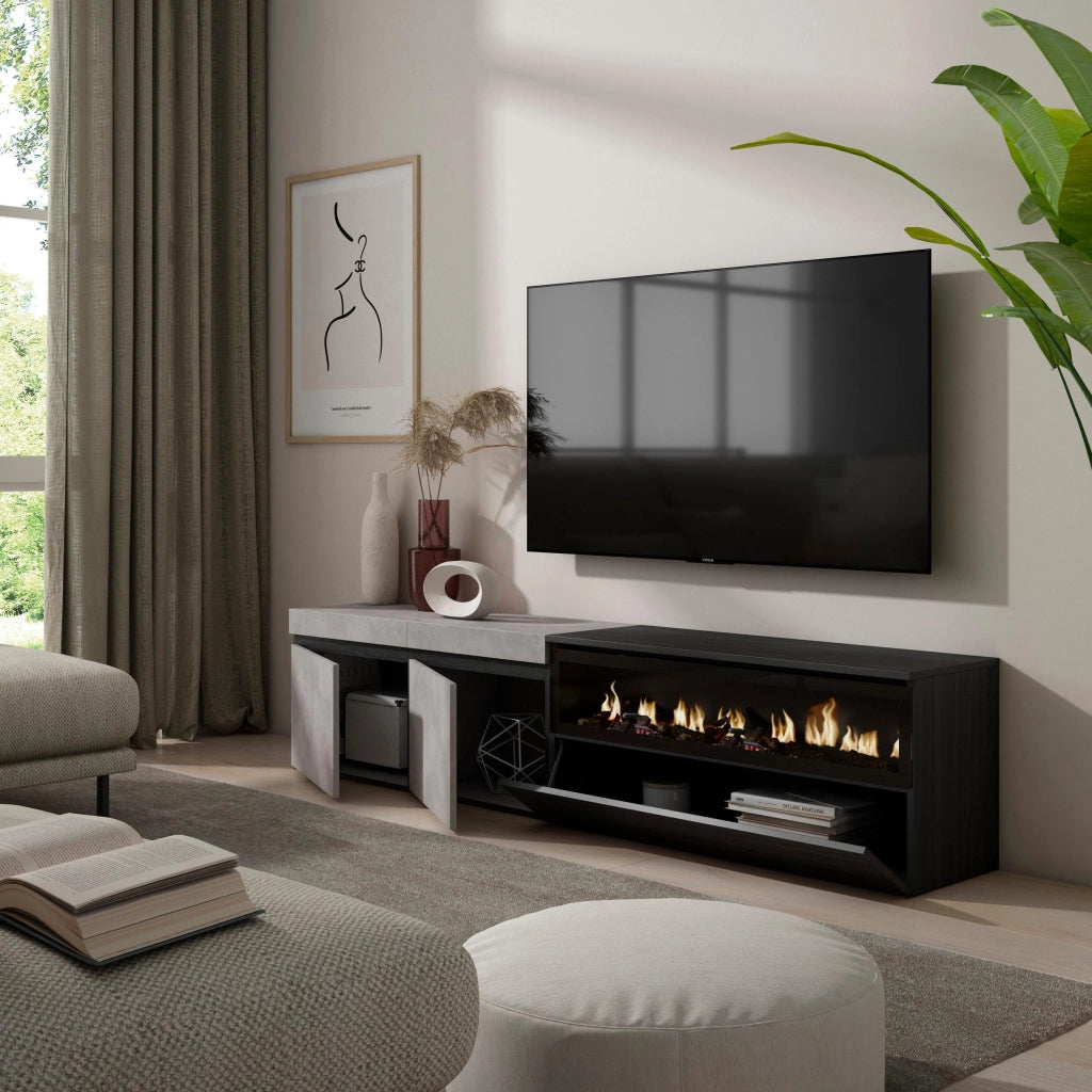Mobile TV, 200x35x45cm, soggiorno, Per TV fino a 80", Camino elettrico, grigio cemento RF2247
