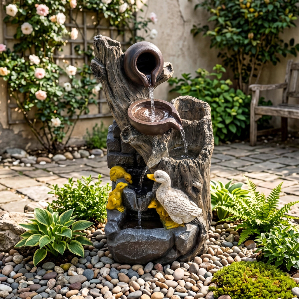 Fontana da giardino con illuminazione led e pompa, Fontana a cascata in resina effetto pietra e legno con anatre