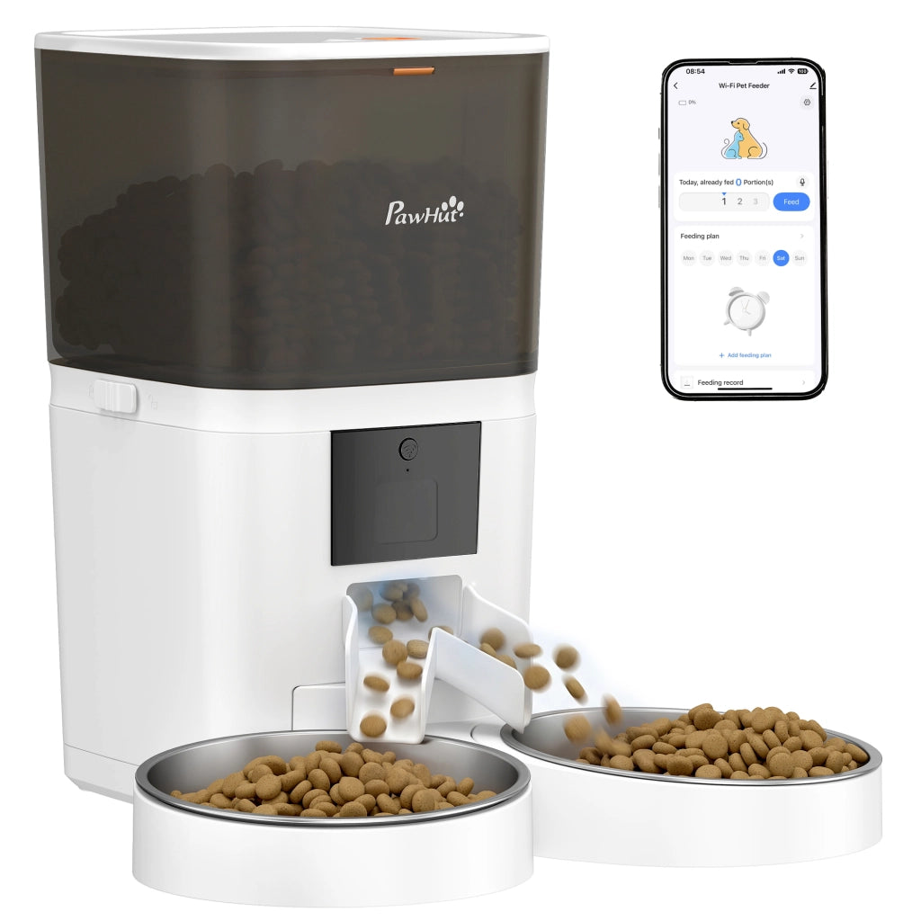 Distributore Automatico Cibo Gatti 6L ¨C Xylo ¨C Doppia Ciotola Inox WiFi Tuya Bianco 37x36x35cm