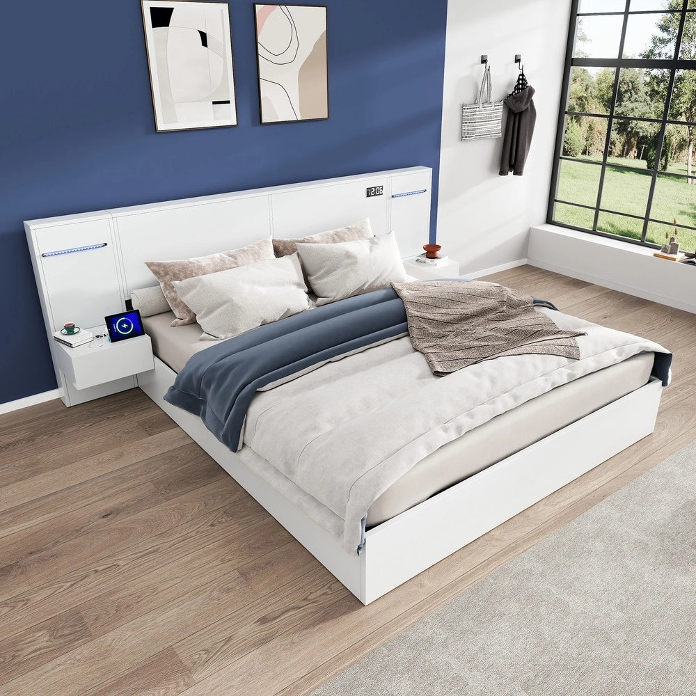 Letto Matrimoniale con LED, USB e Bluetooth ¨C MINIMAL ¨C Legno Bianco 180x200