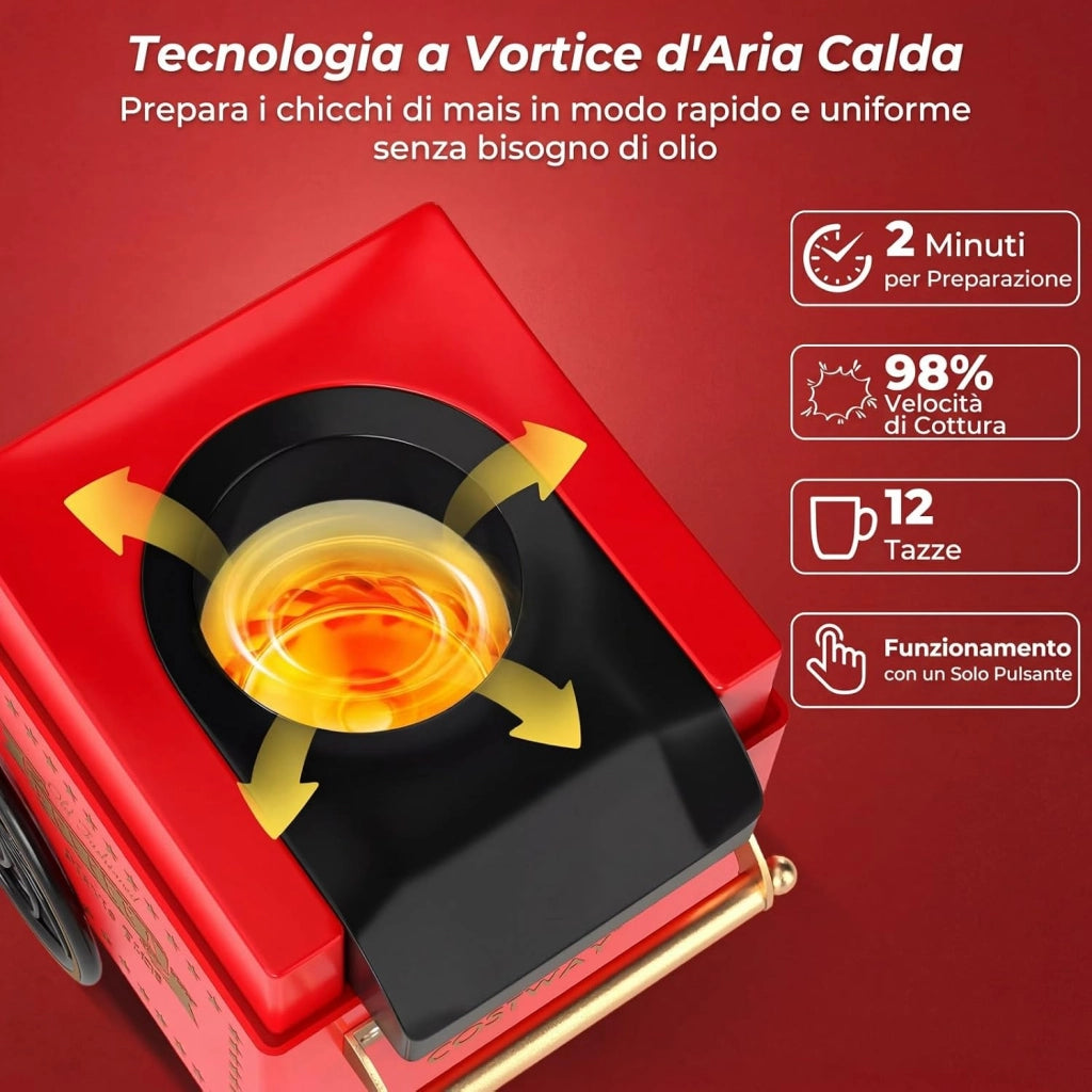 1200W Macchina Pop Corn ad Aria Calda Senza Olio
Popcorniera Pronta in 2 Minuti con Misurino, Design Retro e Portatile per Serata Cinema Casa