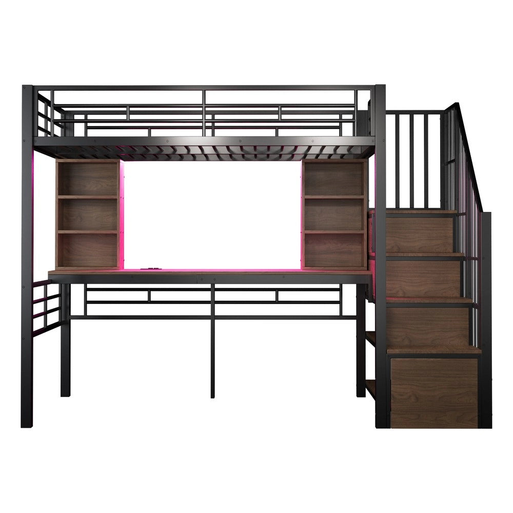 Letto a Soppalco 90x200 con Scrivania, LED e Scala Contenitore ¨C Xylo ¨C Nero, Metallo
