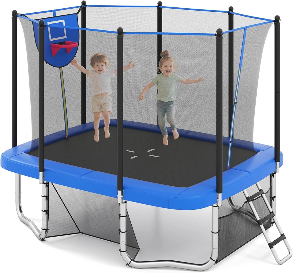 Trampolino da Esterno per Bambini e Adulti 317 x 255 cm, Tappeto Elastico Rettangolare con Canestro da Basket, Porta da Calcio, Scala Antiscivolo, Rete e Telaio in Acciaio