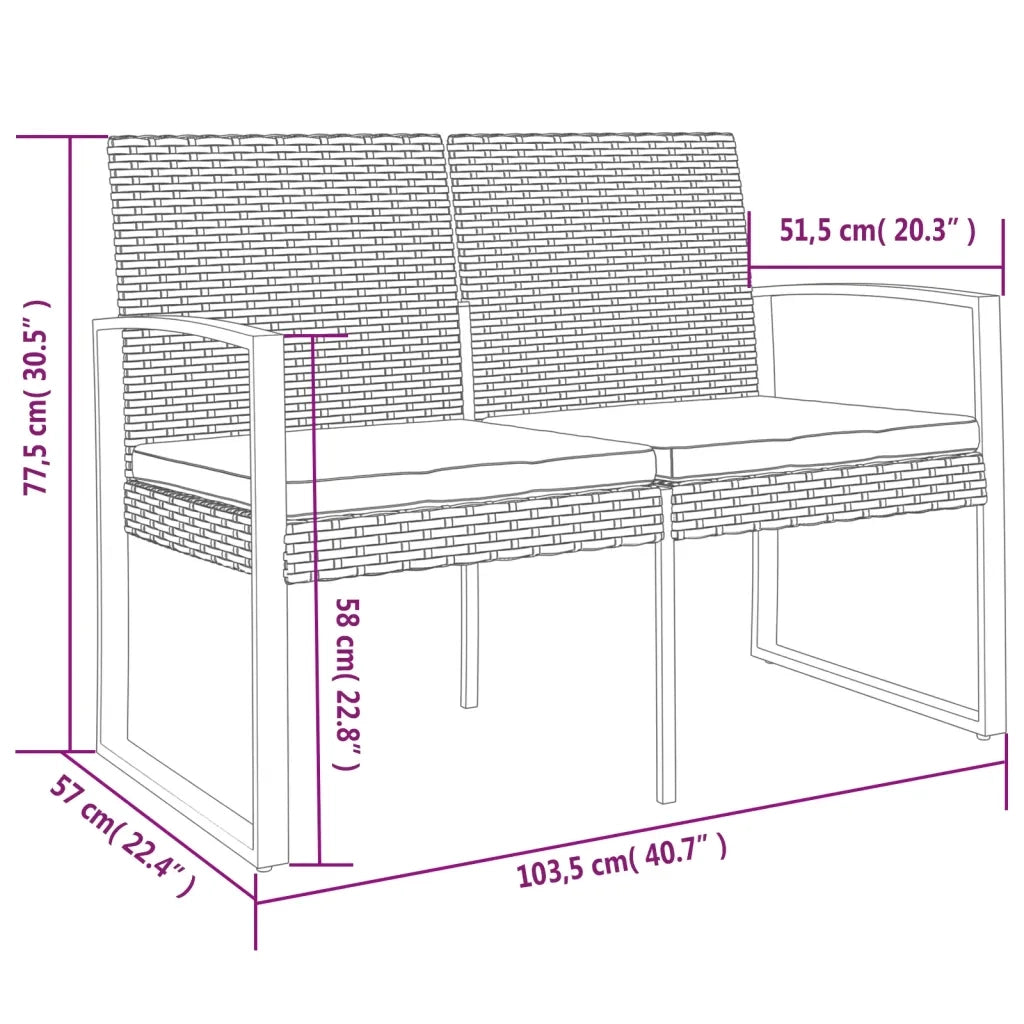Panca da Giardino a 2 Posti con Cuscini in Rattan PP Nero 360209
