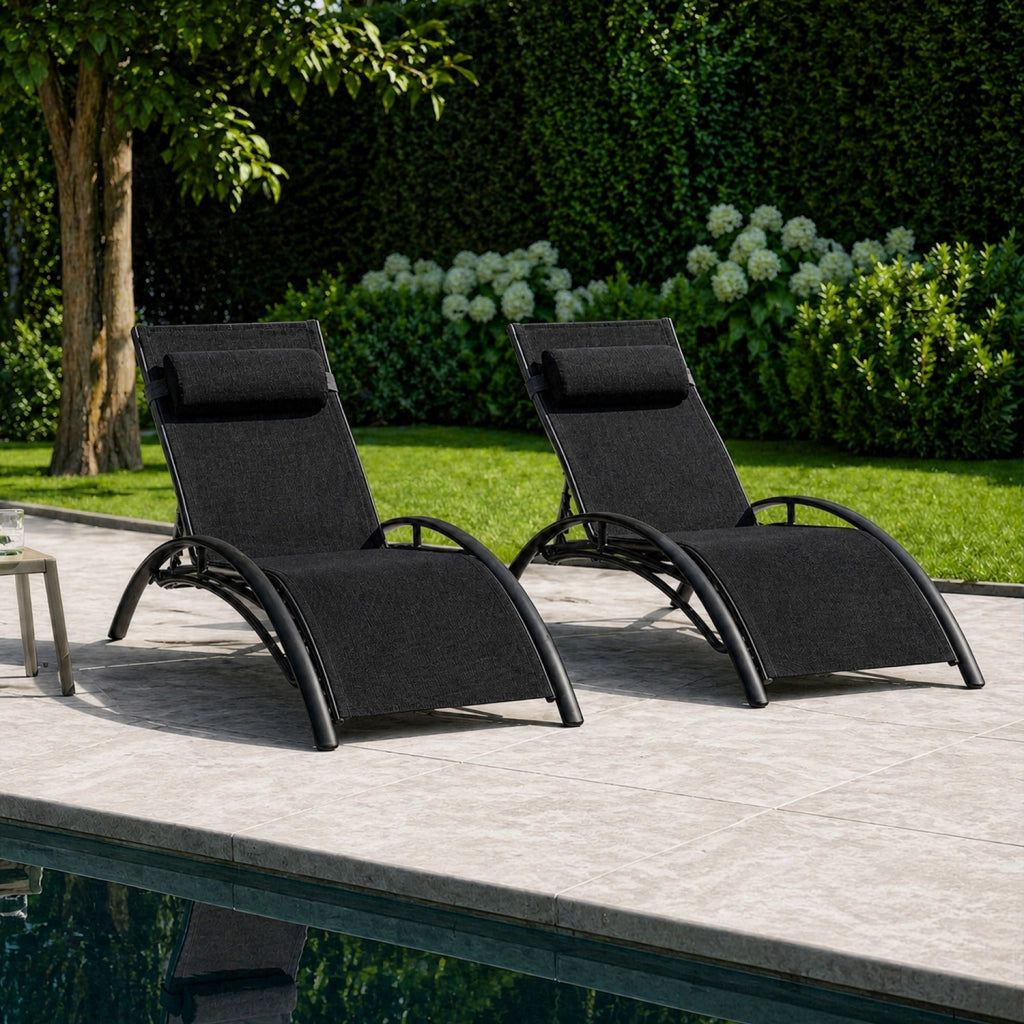 Set 2 Lettini Reclinabili Da Piscina Con Schienale Regolabile 5 Posizioni In Textilene Traspirante Per Giardino Terrazza Outdoor 59 x 158 x 81.5 Cm Nero