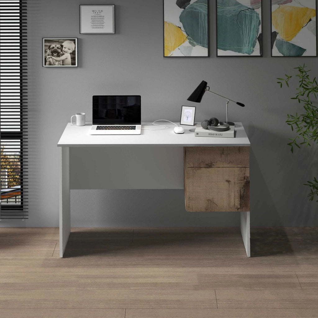 WHOUS Scrivania Easy 1 anta e 1 cassetto bianco opaco e acero 110x50x75 cm