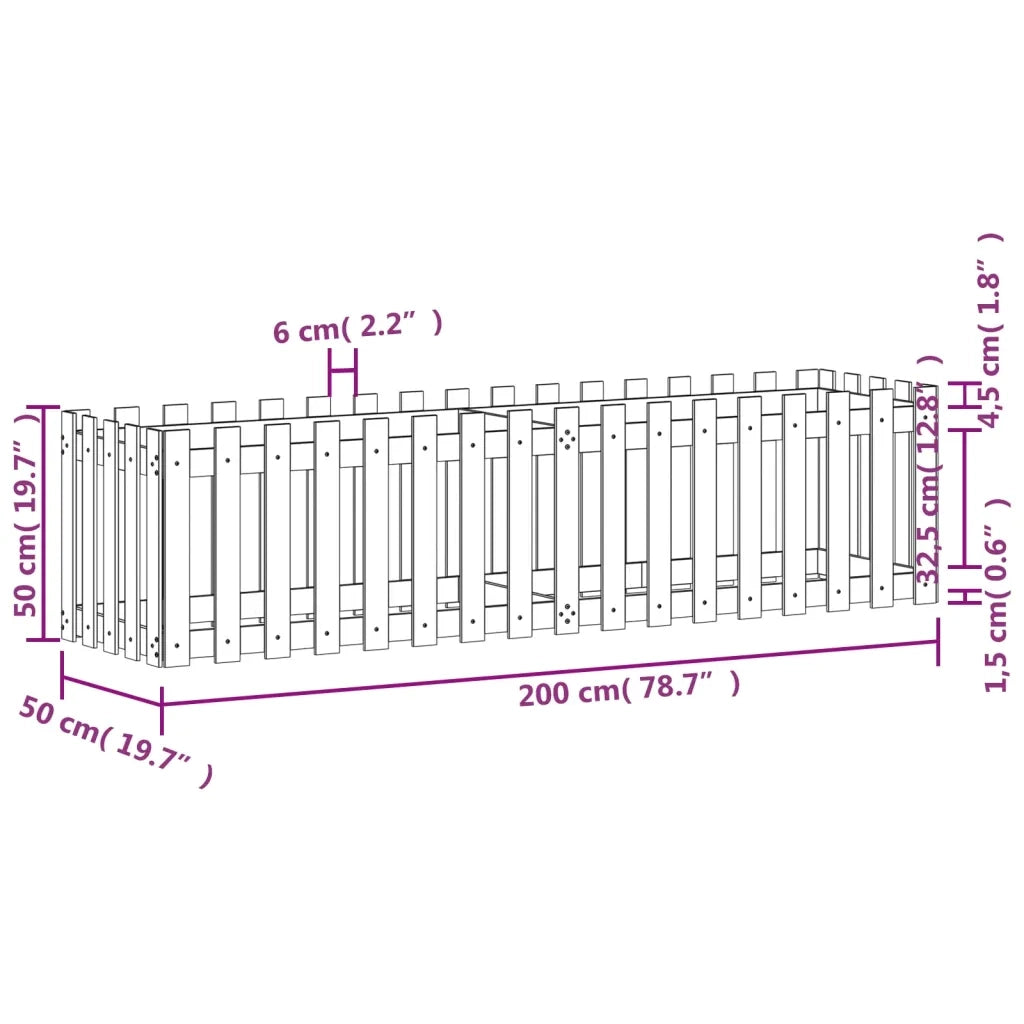 Fioriera Giardino a Recinzione-Vaso con Ringhiera-Contenitore per Piante Nera 200x50x50cm Massello Pino